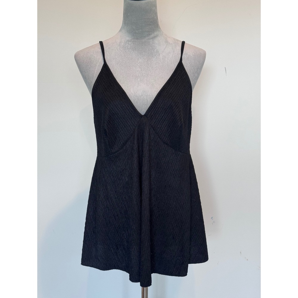 SHEIN Curve Black Textured Plisse V-Neck Babydoll Cami Top 1XL Plus Size